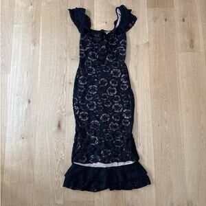 RIHOAS Midi Dress Lace Textured Ruffle Mermaid Size XS Black Nude